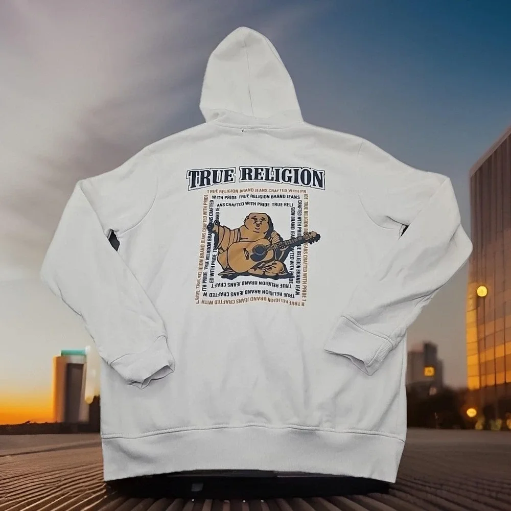 True Religion Hoodie Mens Large White Full Zip Sweatshirt Buddha Logo Streetwear